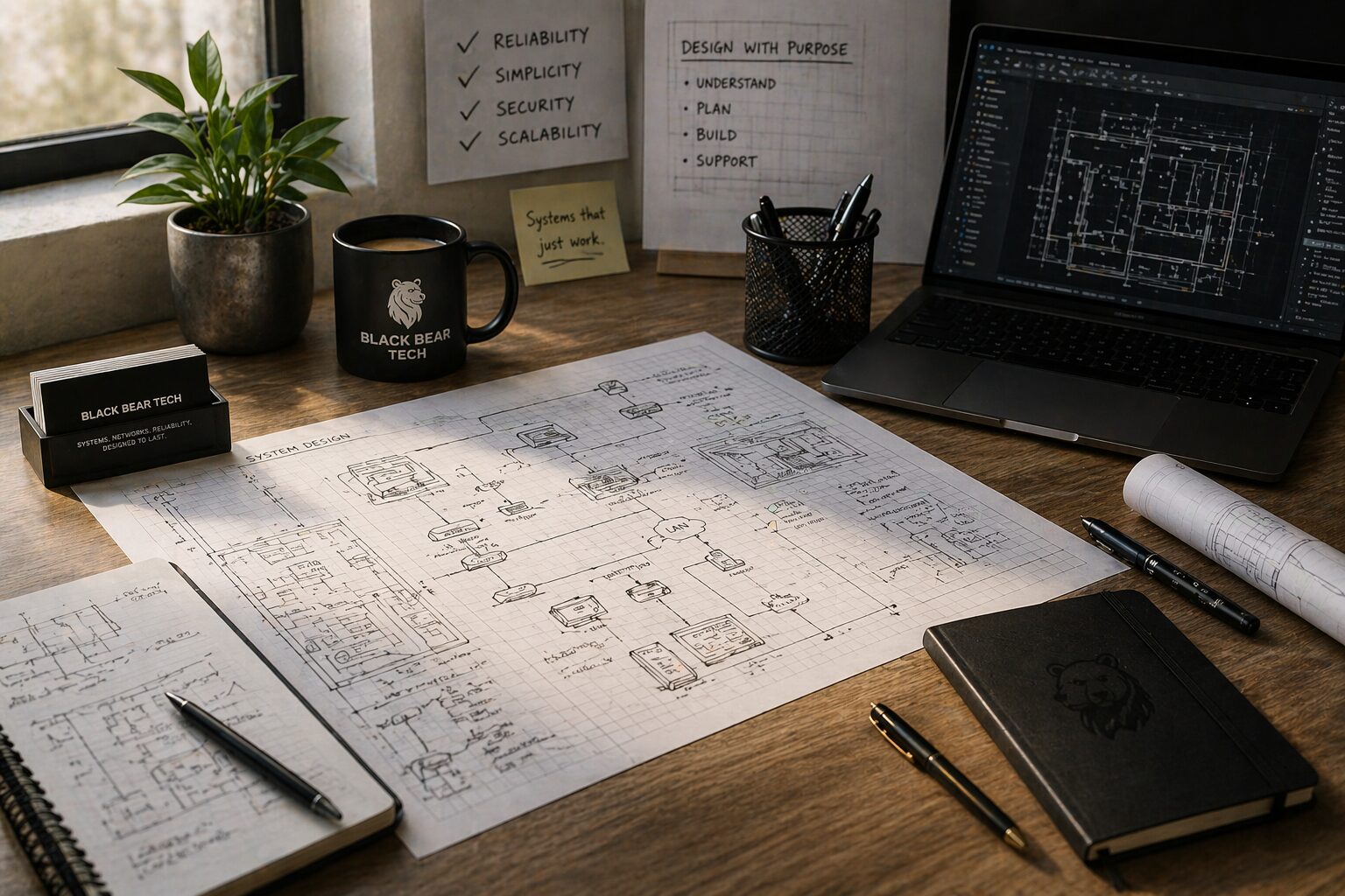 Technical planning desk with notebook, tools, and system design workspace